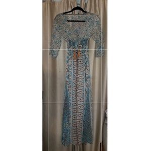 Long Sheer Turquoise Cream & Brown Cover Up Dress